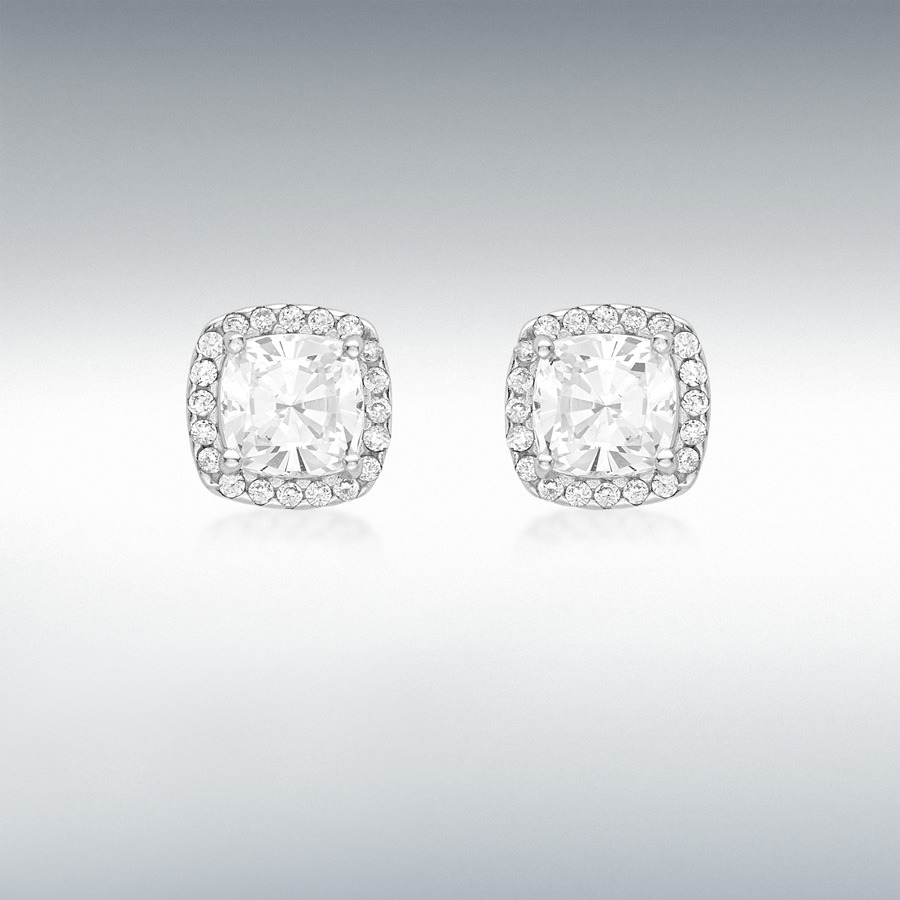 9ct White Gold 6mm x 6mm Cushion CZ with 40 x 1mm Round CZ 9mm x 9mm Cushion Stud Earrings