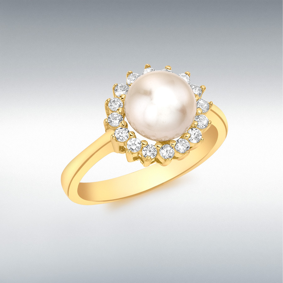 9ct Yellow Gold CZ and Freshwater Pearl Ring