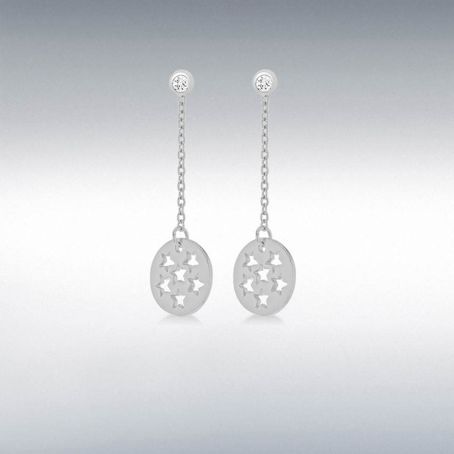 Sterling Silver Rhodium Plated CZ 10mm x 32mm Chain and Cutout-Stars-Disc Jacket Earrings