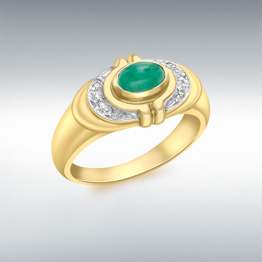 9ct Yellow Gold 0.02ct Diamond and Cabochon Emerald Ring