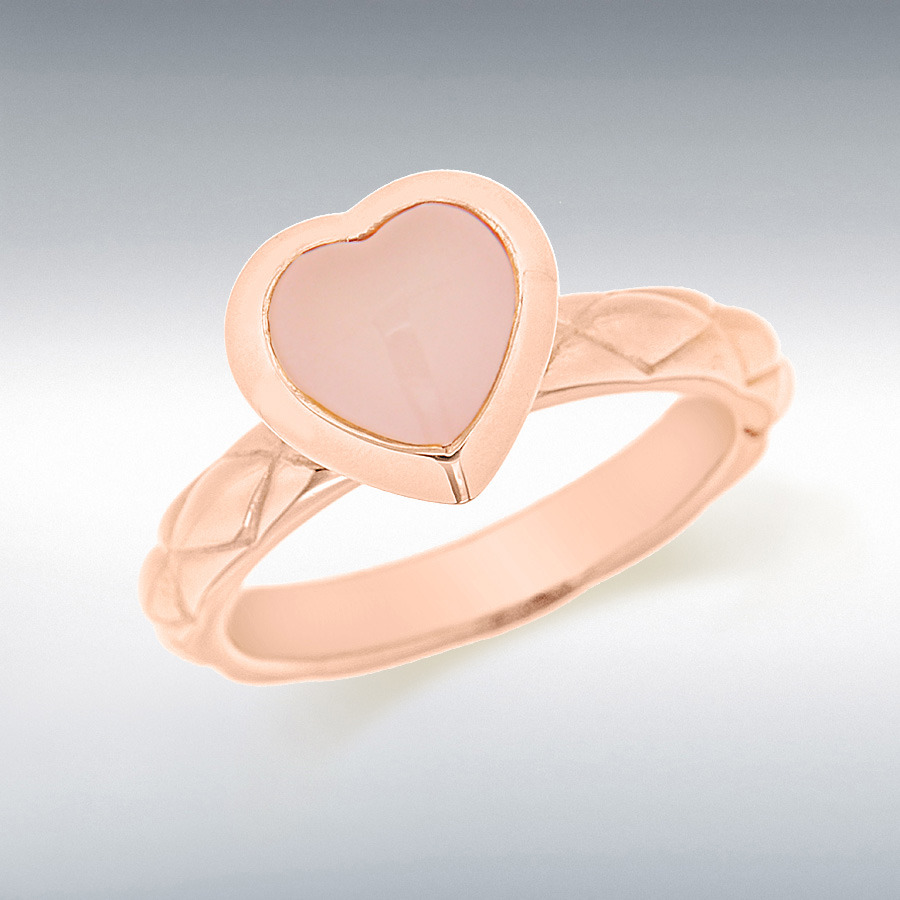 Sterling Silver Rose Gold Plated Pink Opaque Glass Heart Patterned Stacking Ring