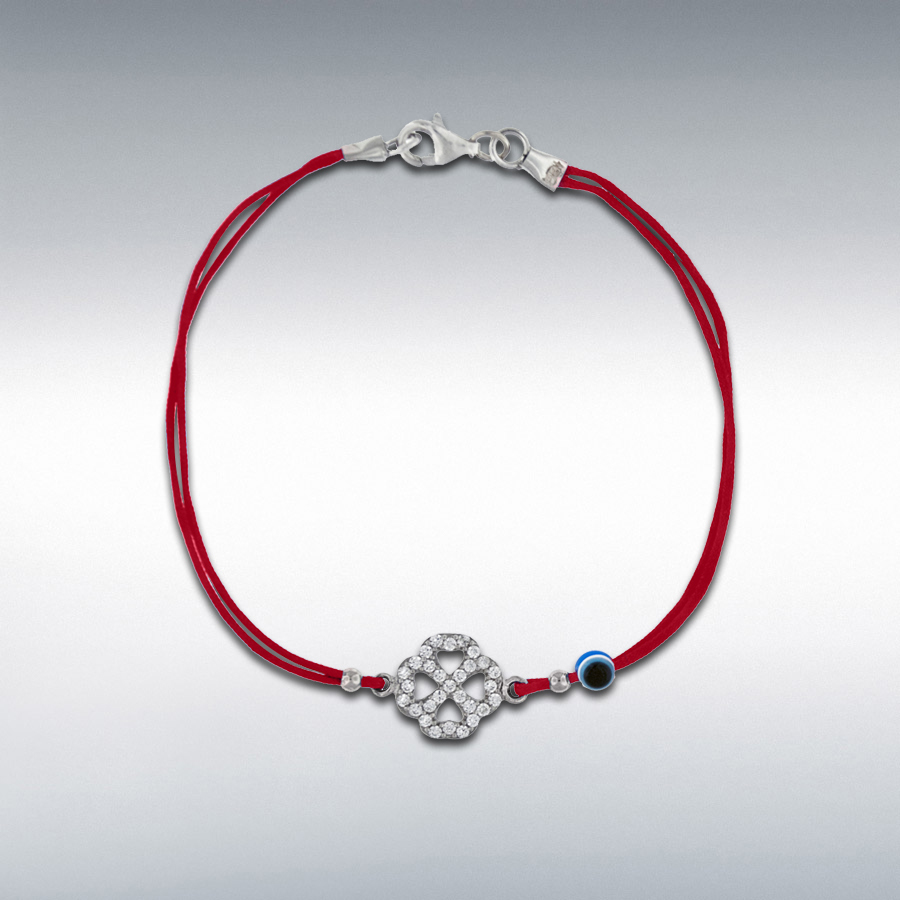 Sterling Silver White CZ 10.5mm x 10.5mm Four-Leaf Clover and Bead Red Cord Bracelet 18cm/7