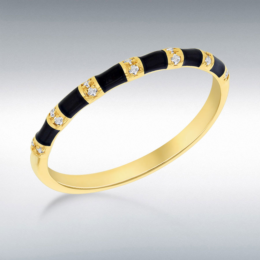 9CT YELLOW GOLD BLACK ENAMEL WITH DIAMONDS 7-STRIPE BAND RING