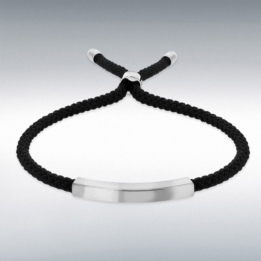 Sterling Silver Black-Cord Adjustable Slider ID Bracelet 23cm/9"