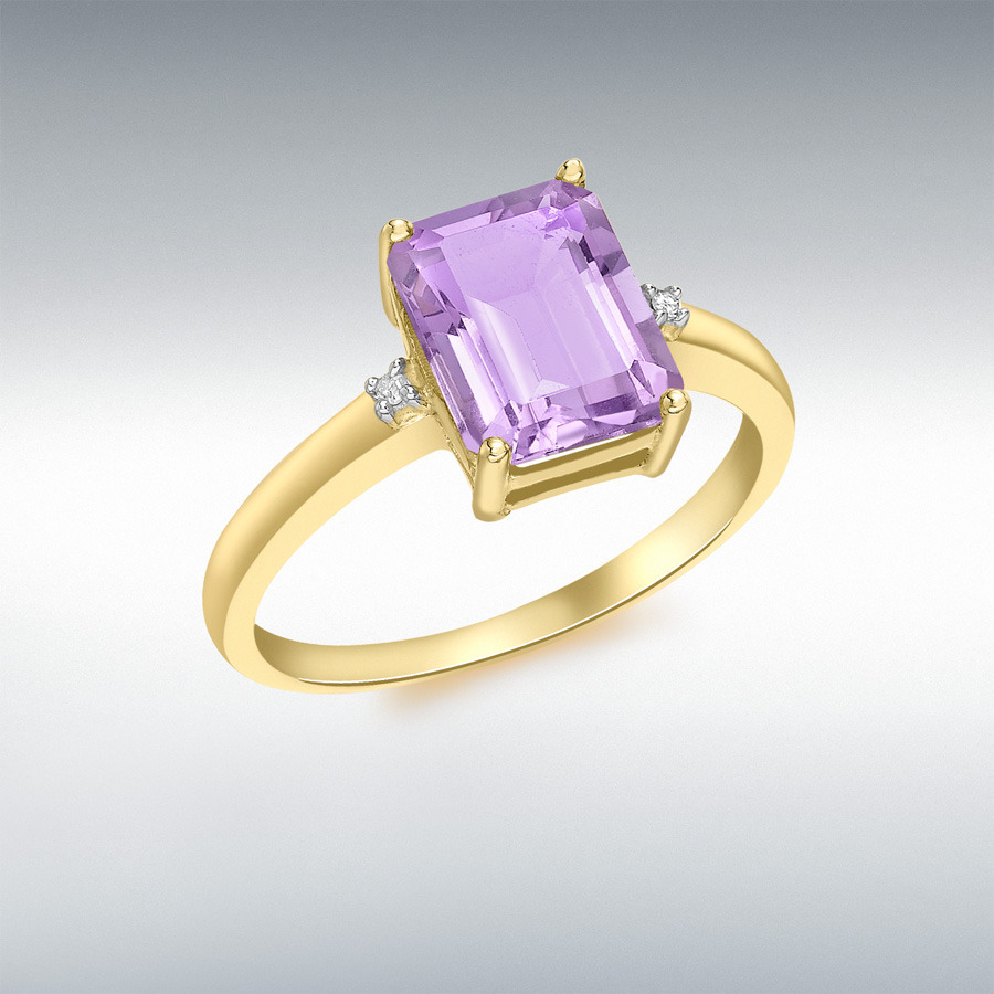 9ct Yellow Gold 0.01ct Diamond and 9mm x 7mm Amethyst Rectangular Ring