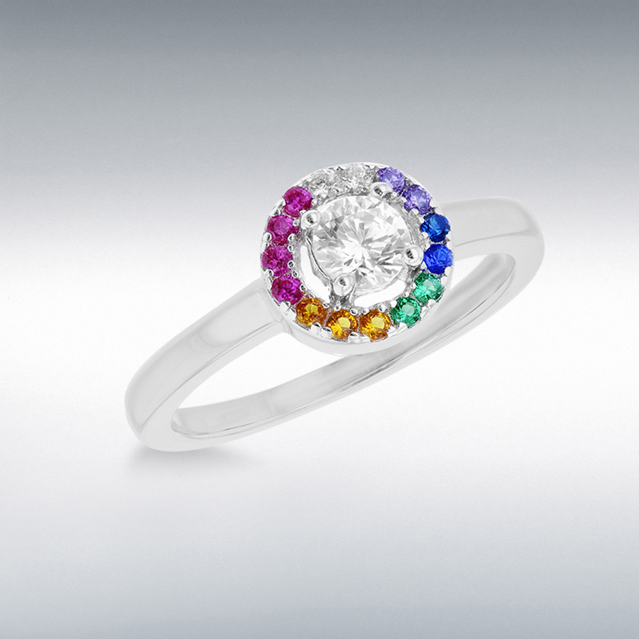 Sterling Silver Rhodium Plated Multi-Coloured CZ 8mm Disc Ring