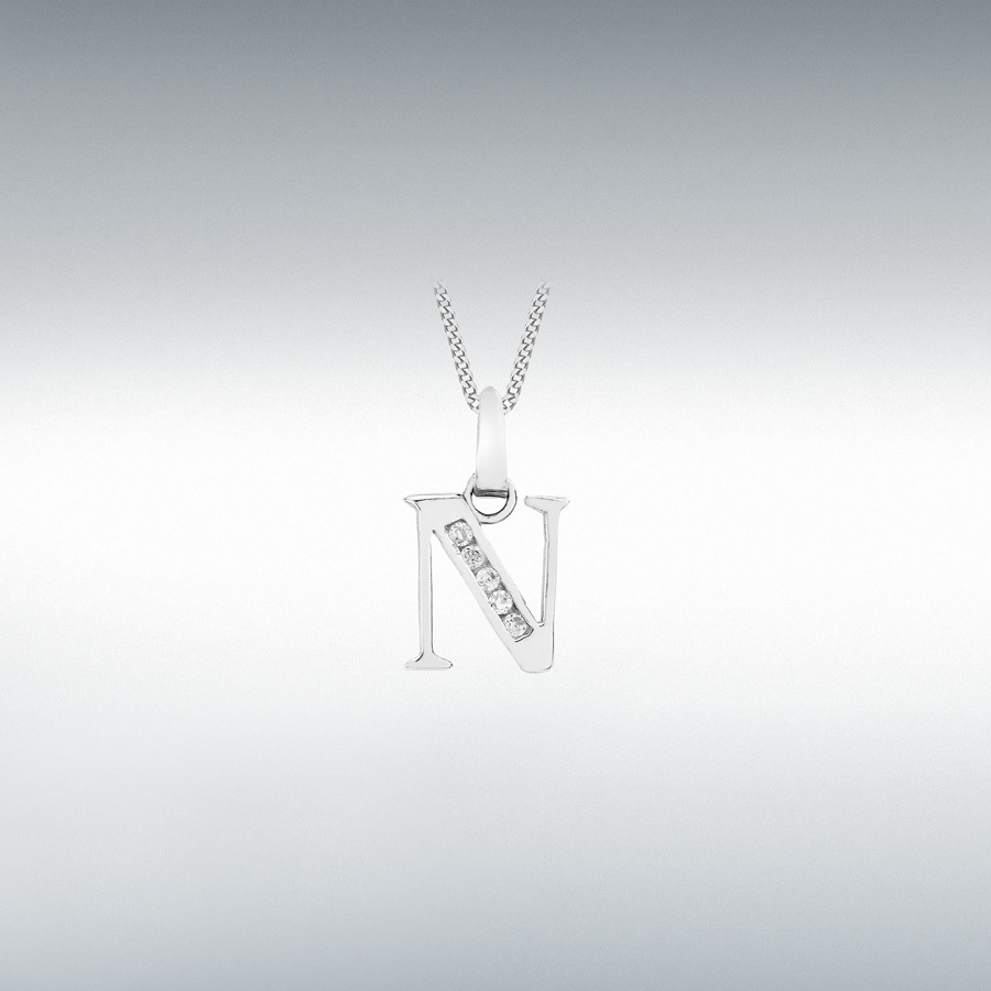 9ct White Gold CZ 8mm x 10mm 'N' Initial Pendant