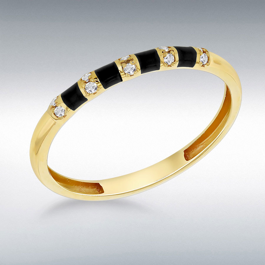 9CT YELLOW GOLD BLACK ENAMEL WITH DIAMONDS 5-STRIPE BAND RING
