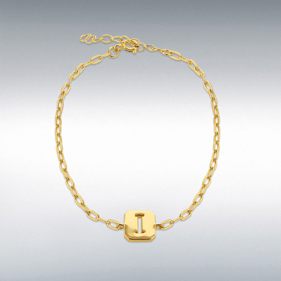 Sterling Silver Yellow Gold Plated 8mm x 9mm Initial 'I' Initial Bracelet 17cm/6.7"-20cm/8"