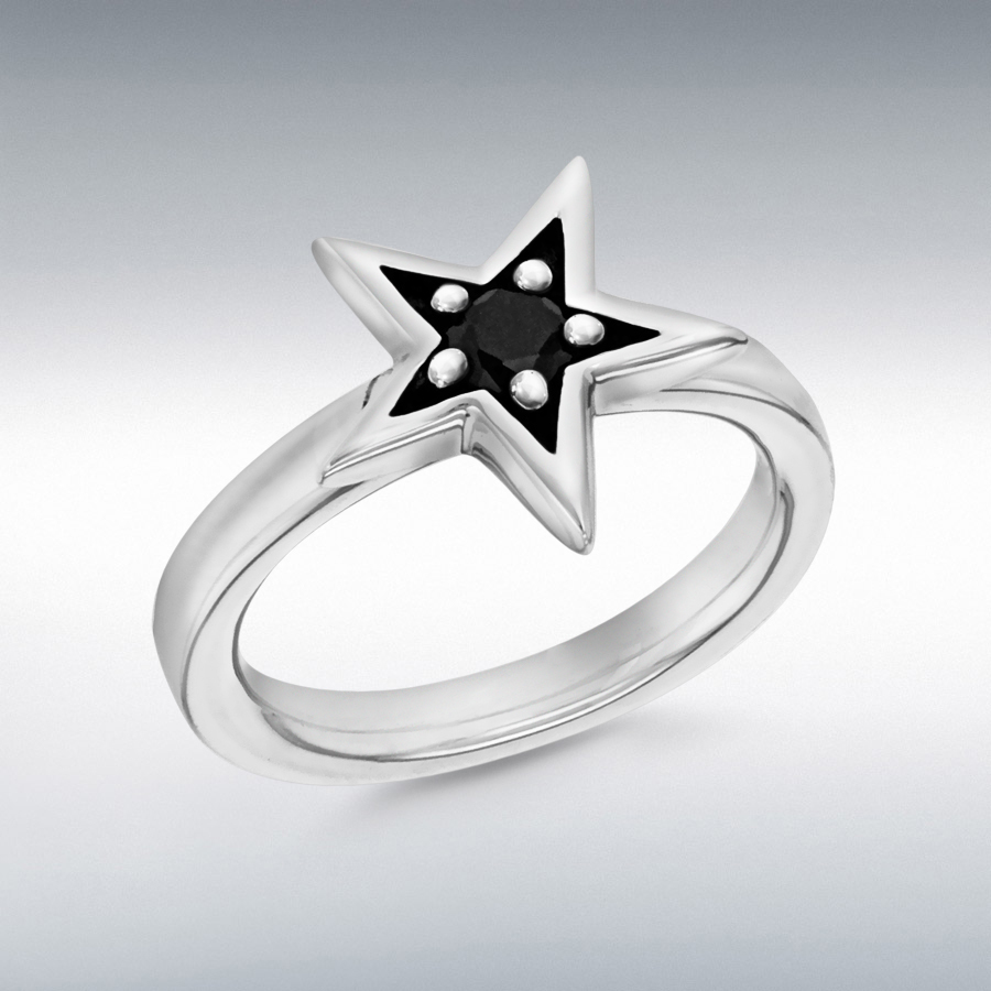 Sterling Silver Rhodium Plated Black CZ Star Stacking Ring