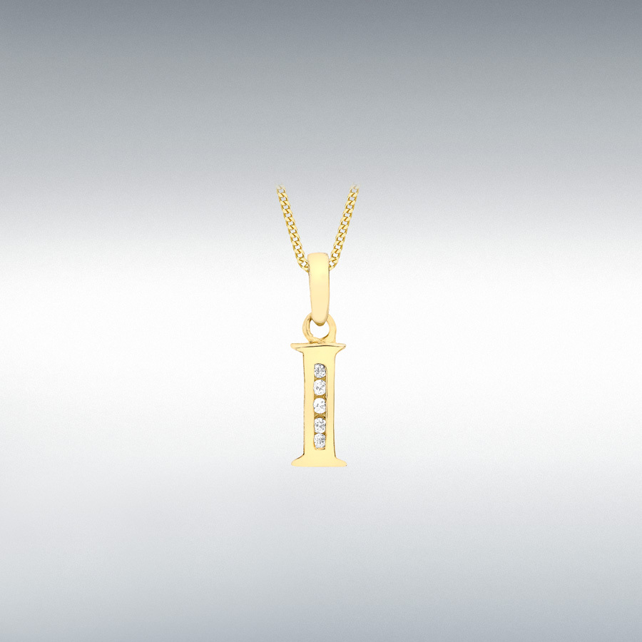 9ct Yellow Gold CZ 4mm x 12mm 'I' Initial Pendant