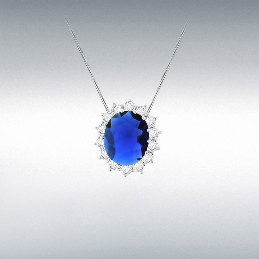 Sterling Silver Rhodium Plated CZ and Blue Glass 10mm x 12mm Oval Pendant