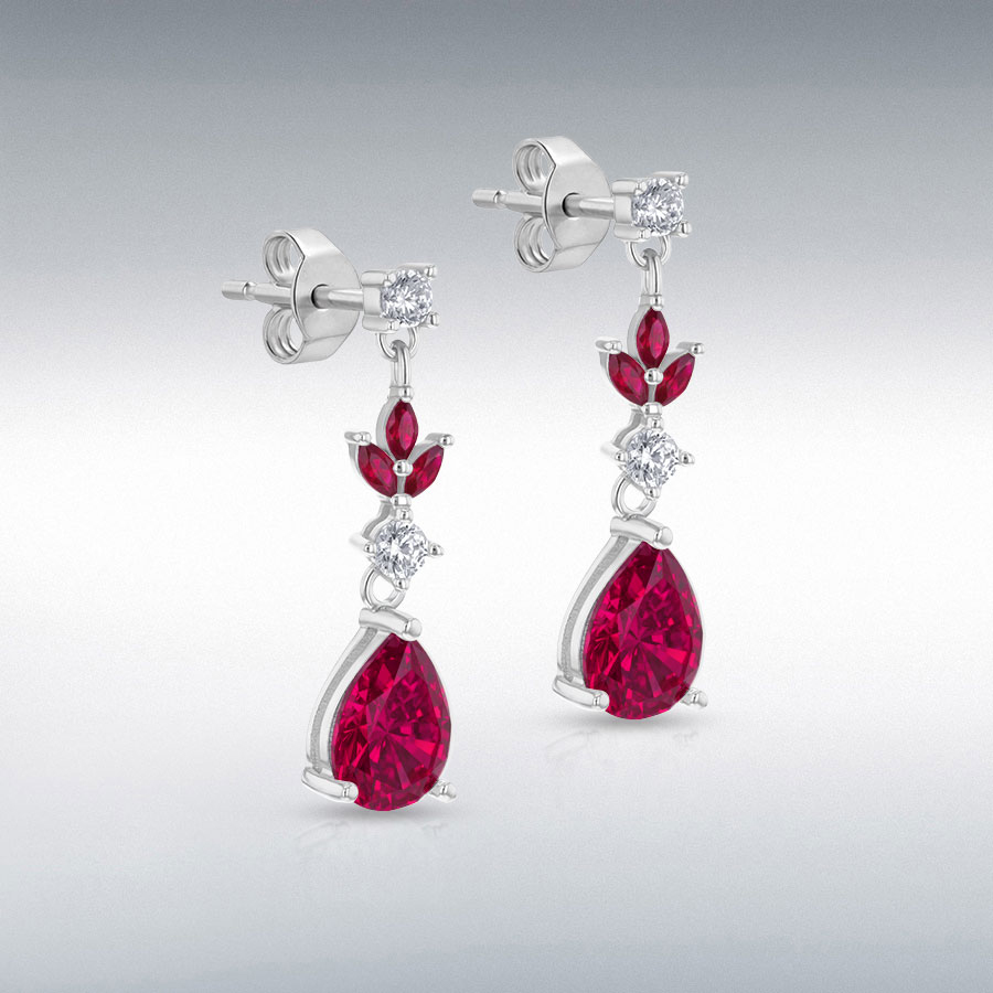 Sterling Silver Rhodium Plated White Round CZ and Red Glass Marquise and Teardrop Drop Earring