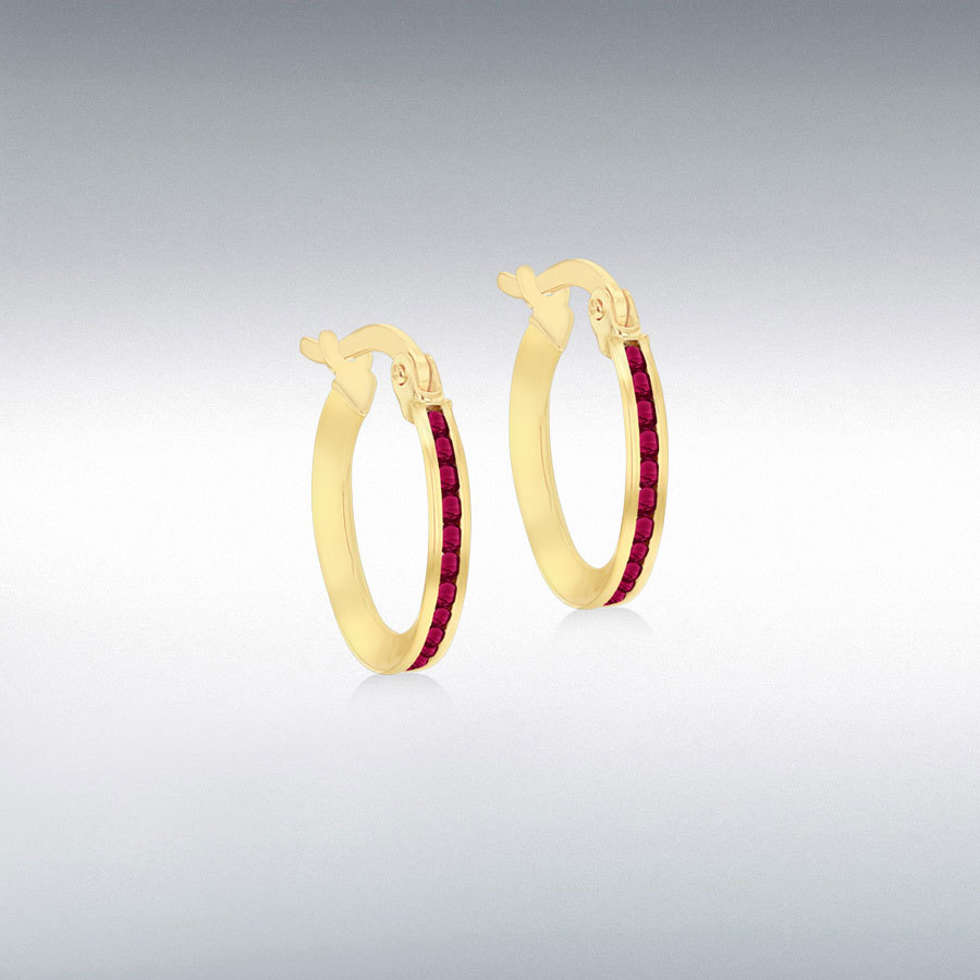 9ct Yellow Gold 1mm Round Red CZs 14mm Endless Slim Hoop Earrings