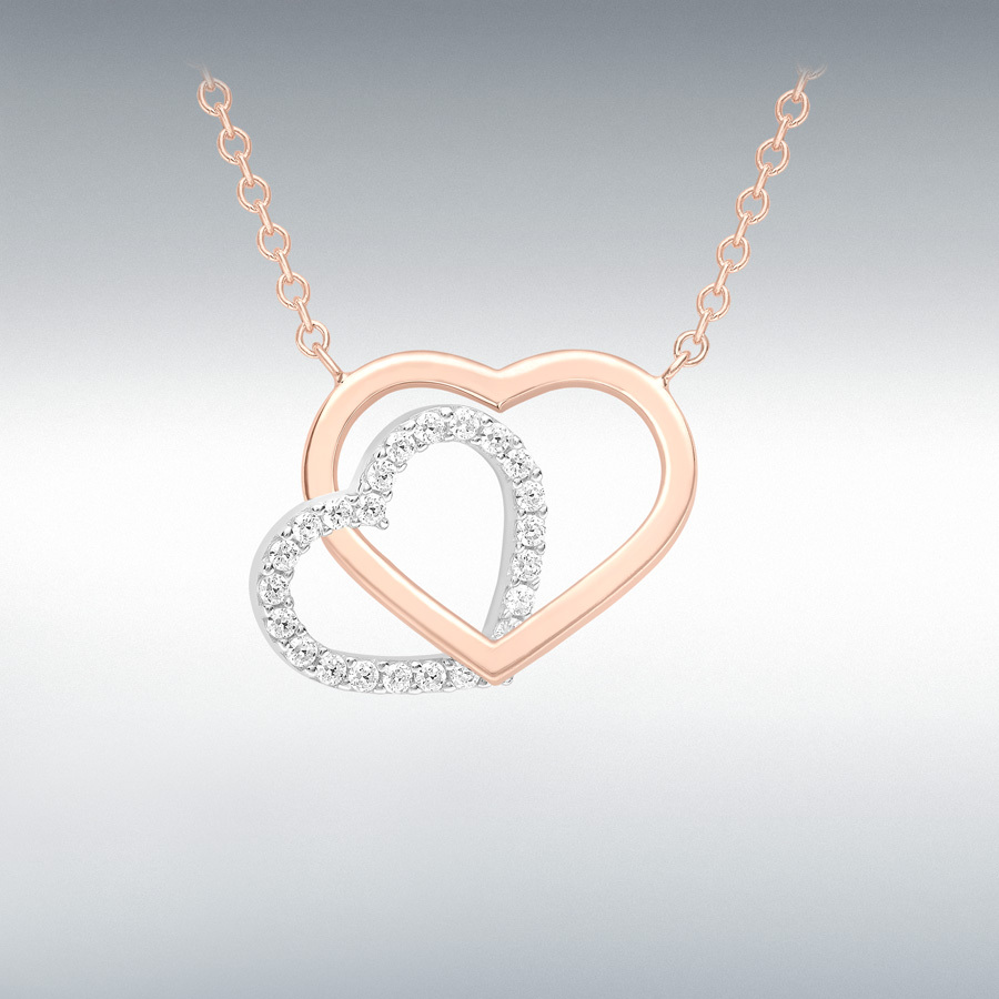 9ct 2-Colour Gold 13mm x 15mm Plain Heart and 10.5mm x 12.5mm CZ Heart Necklace 43cm/17"-46cm/18