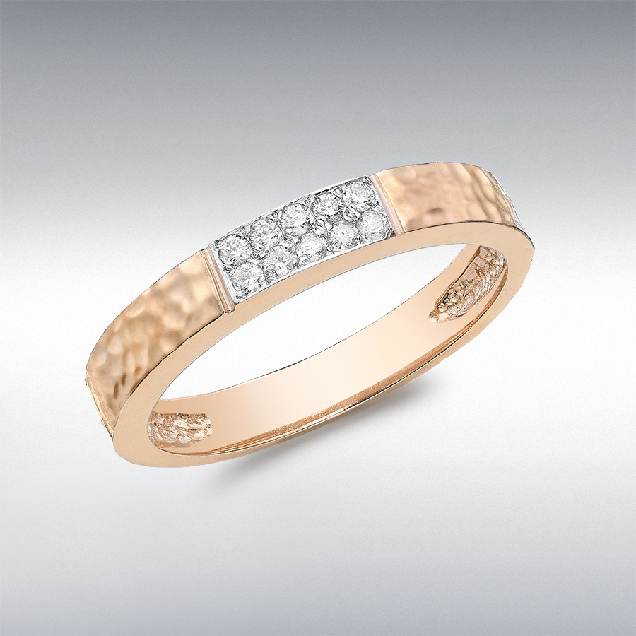 9ct Rose Gold 0.10ct Diamond Pave Hammered Band Ring