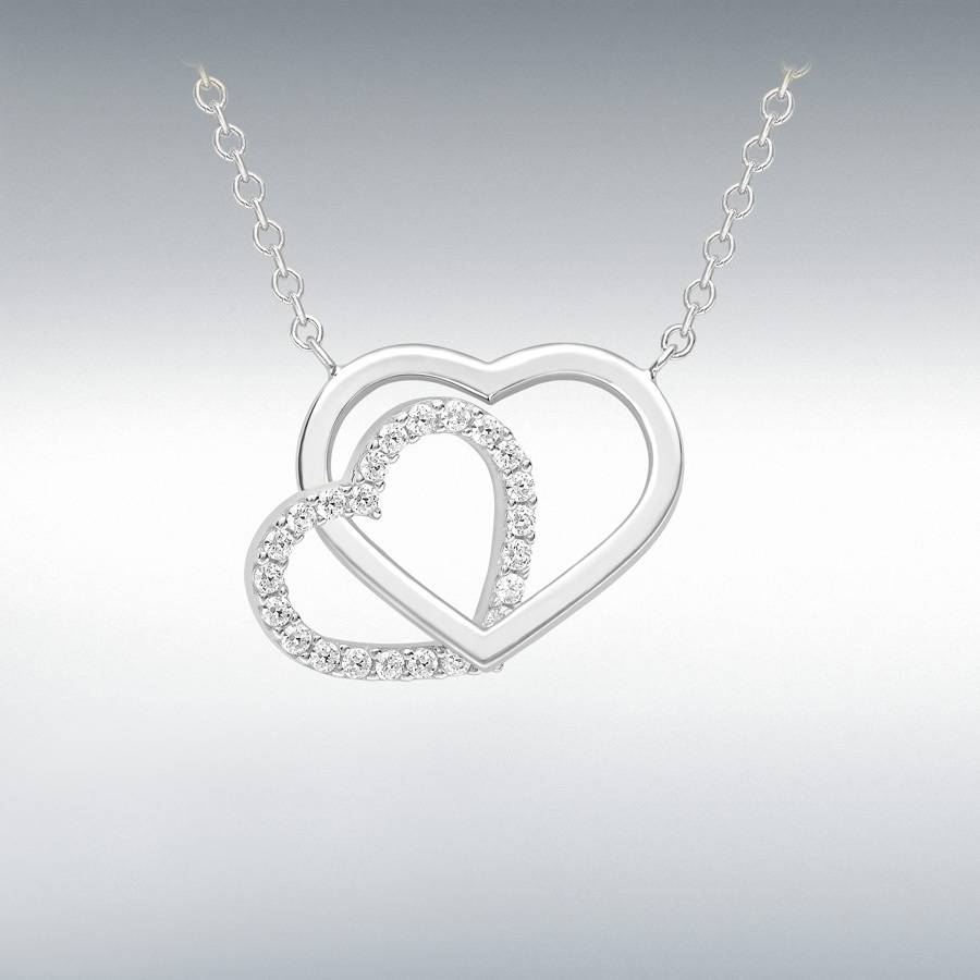 9ct White Gold 13mm x 15mm Plain and 10.5mm x 12.5mm CZ Heart Necklace 43cm/17"-46cm/18"