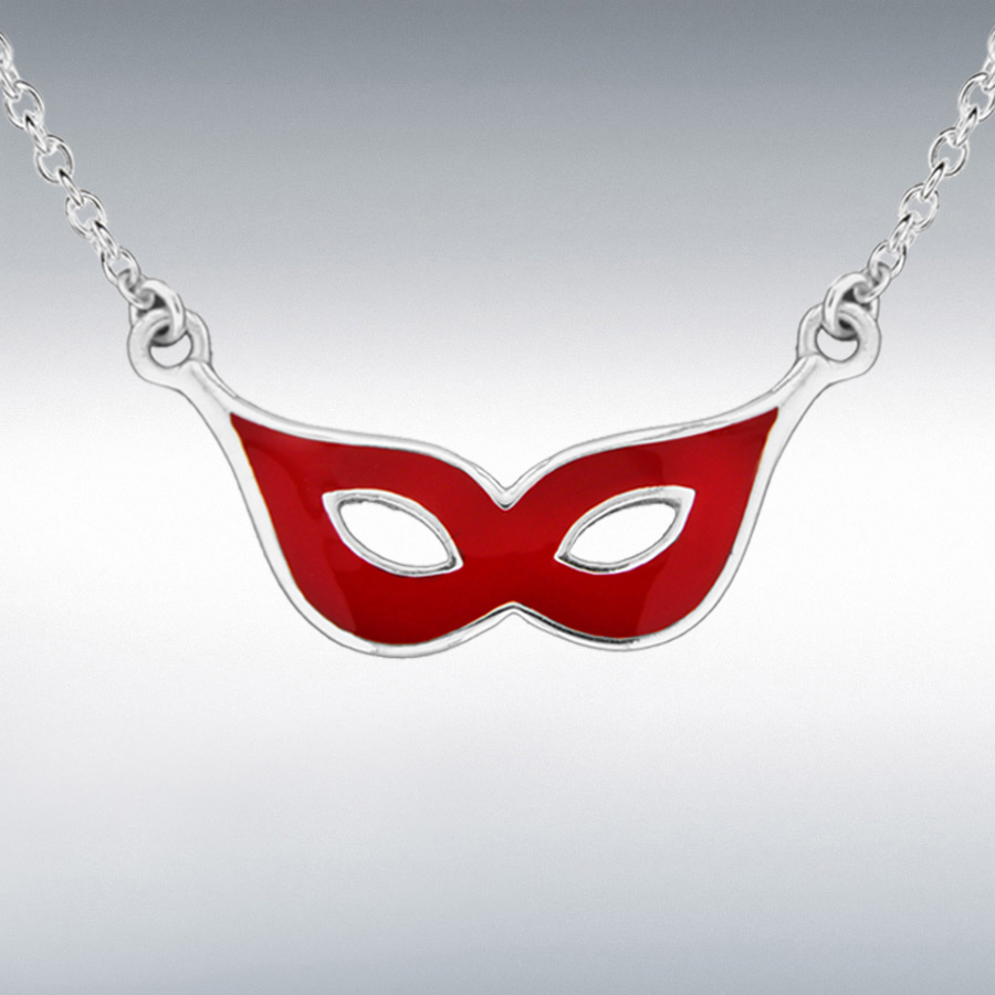 Sterling Silver Rhodium Plated 28.5mm x 13.5mm Red Enamel Masquerade Mask Necklace 41cm/16"