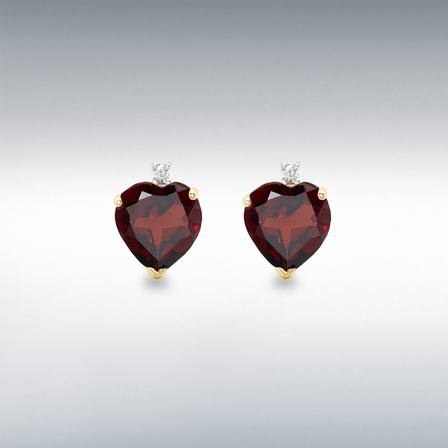 9ct Yellow Gold 0.03ct Diamond and Garnet 7mm x 10mm Heart Stud Earrings