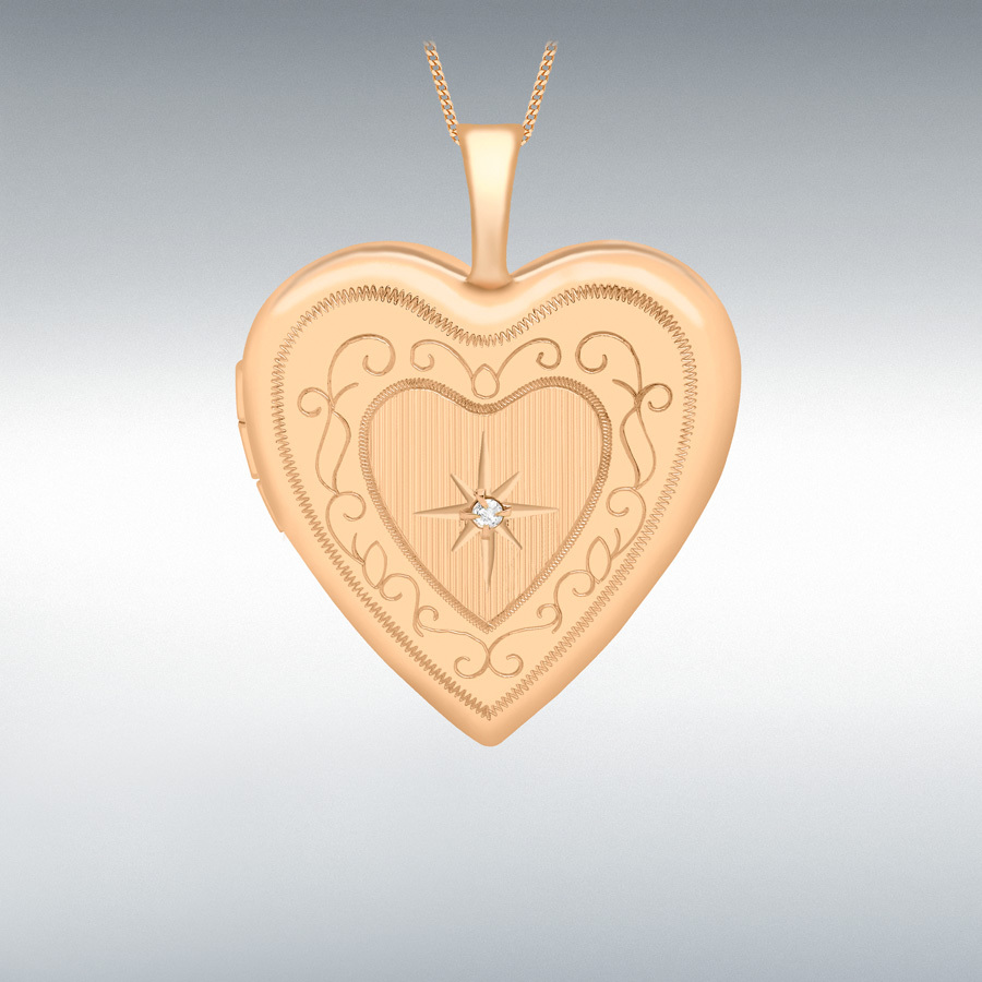 9ct Rose Gold 0.01ct Diamond Set 20mm x 25mm Etched Heart Locket
