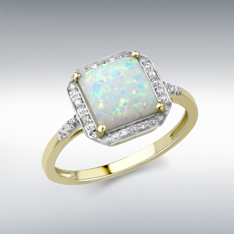 9ct Yellow Gold 0.03ct Diamond and Synthetic Opal 10mm x 10mm Square Halo Ring