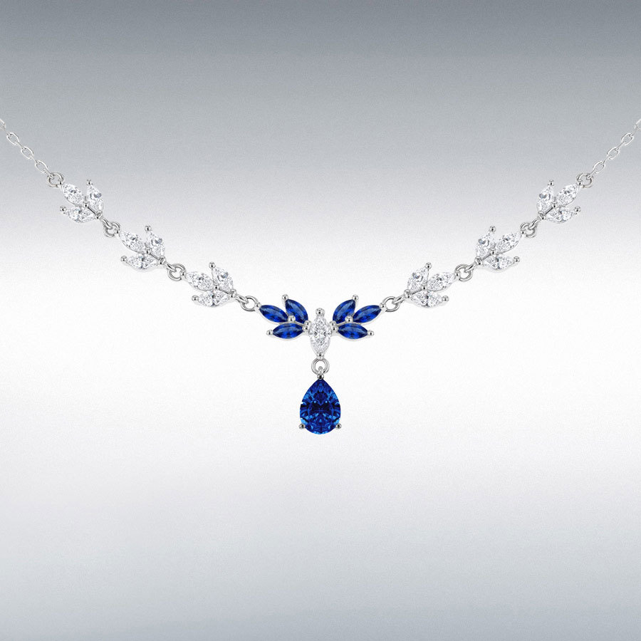 Sterling Silver Rhodium Plated White Marquise CZ and Marquise Blue Glass Necklet 42cm/16.5"- 45cm/17.75"