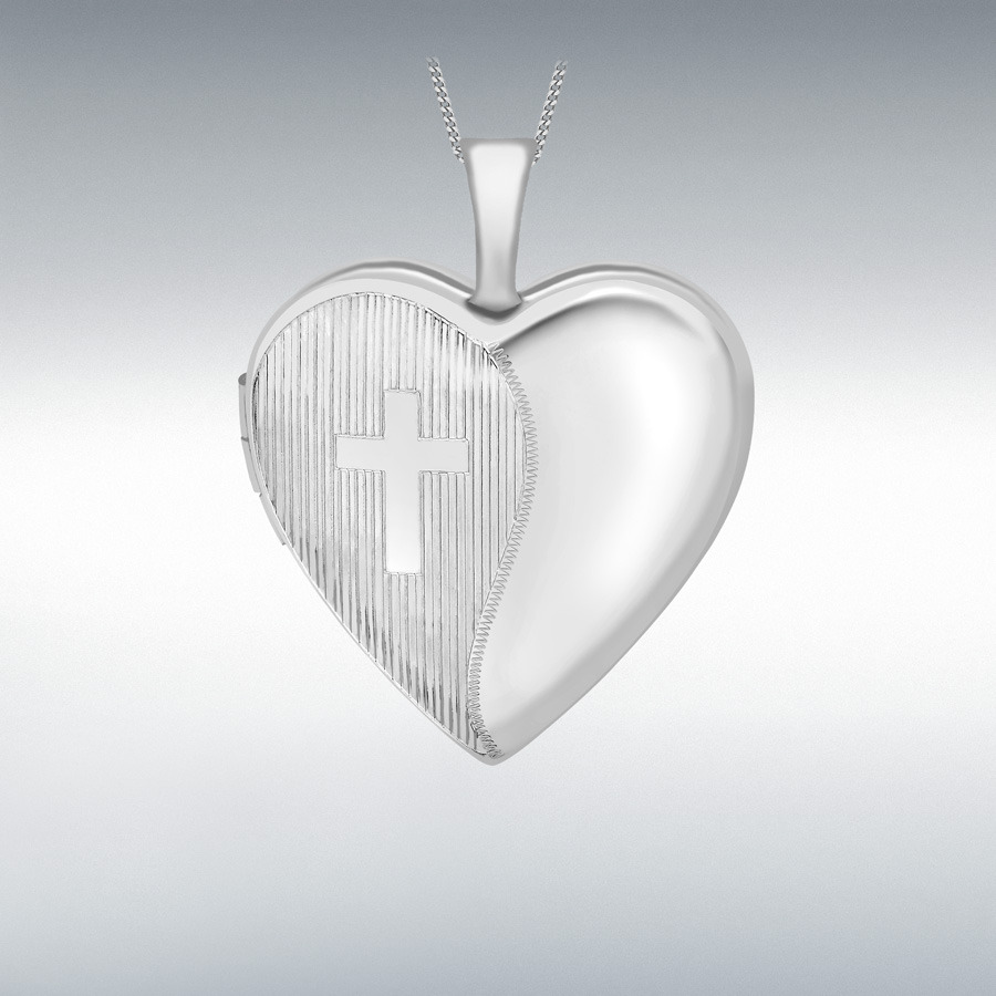 9ct White Gold 20mm x 25mm Etched-Cross-Detail Heart Locket