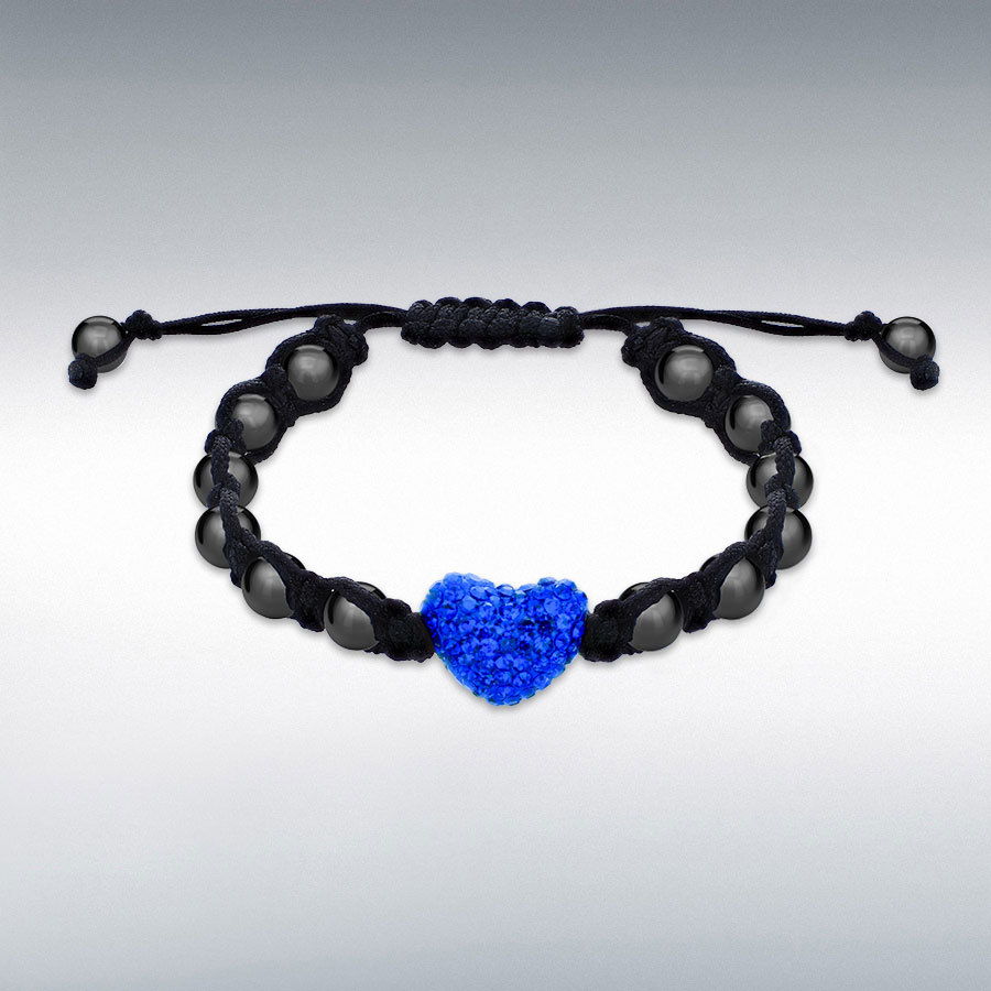 Hematite and Blue Crystal 15.5mm x 12mm Heart Black Beaded Cord Adjustable Bracelet 10cm/4"-23cm/9"