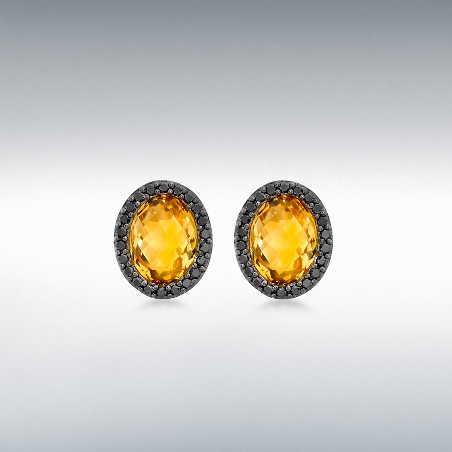 9ct Yellow Gold 0.33ct Black Diamond and Oval Citrine 10mm x 12mm Stud Earrings