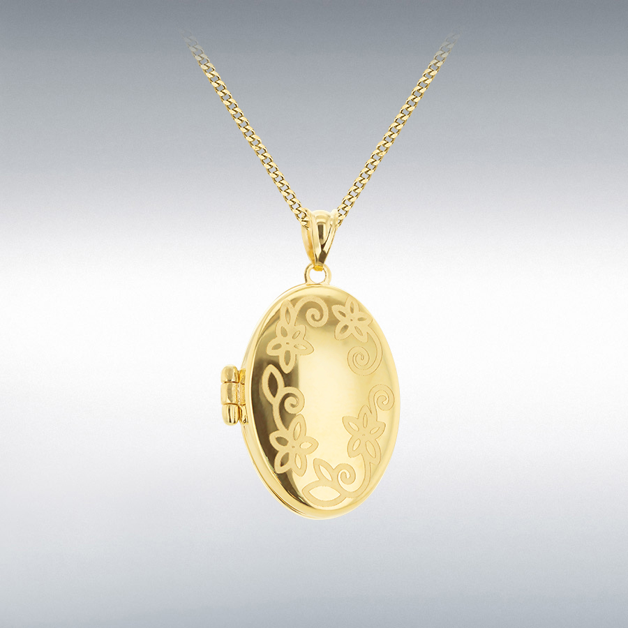 9CT YELLOW GOLD 17MM X 30MM OVAL FLOWER ENGRAVED LOCKET PENDANT
