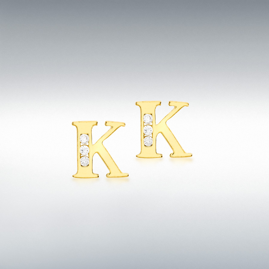 9ct Yellow Gold CZ 7mm x 7mm 'K' Initial Stud Earrings