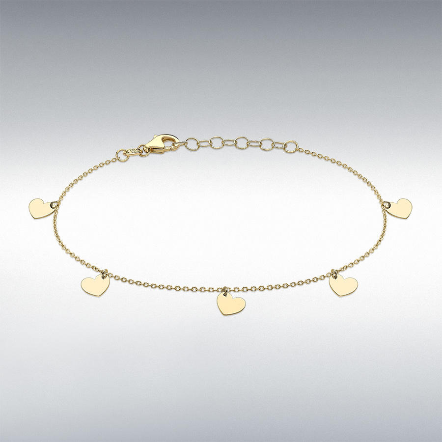 9ct Yellow Gold 6mm x 6mm 5-Heart Adjustable Bracelet 18cm/7"-20cm/8