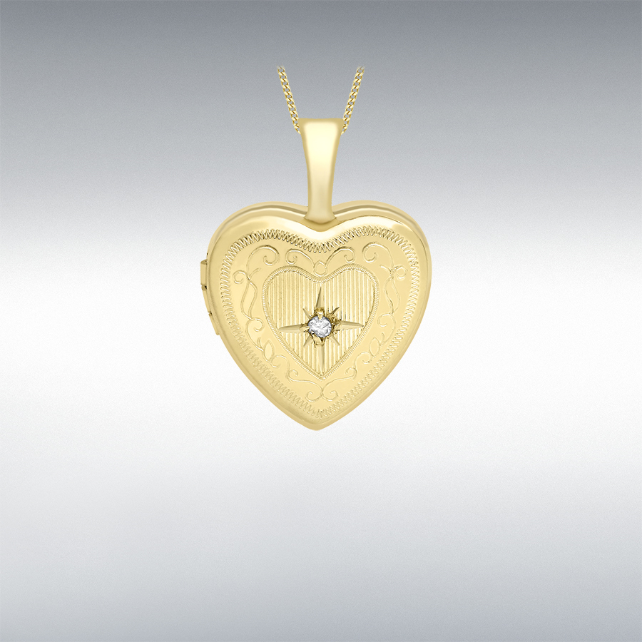 9ct Yellow Gold 0.01ct Diamond Set 12mm x 18mm Etched-Heart Locket