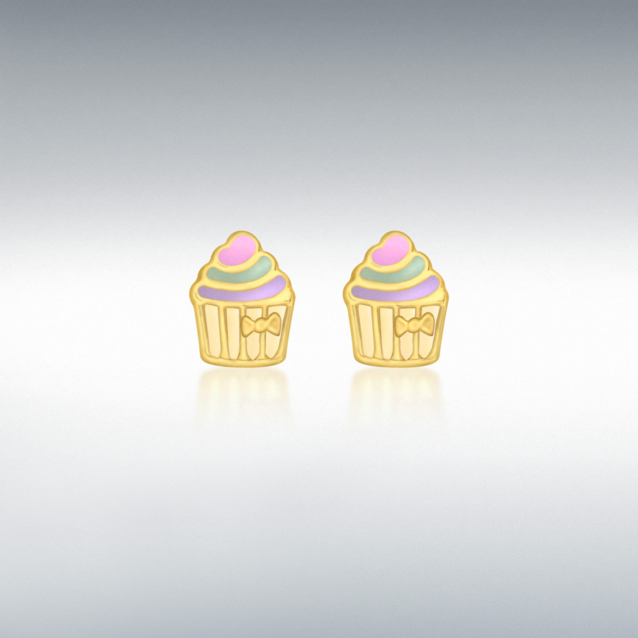 Pink Cream and Plain Yellow 9ct Gold Enamel Cupcake Children Studs.