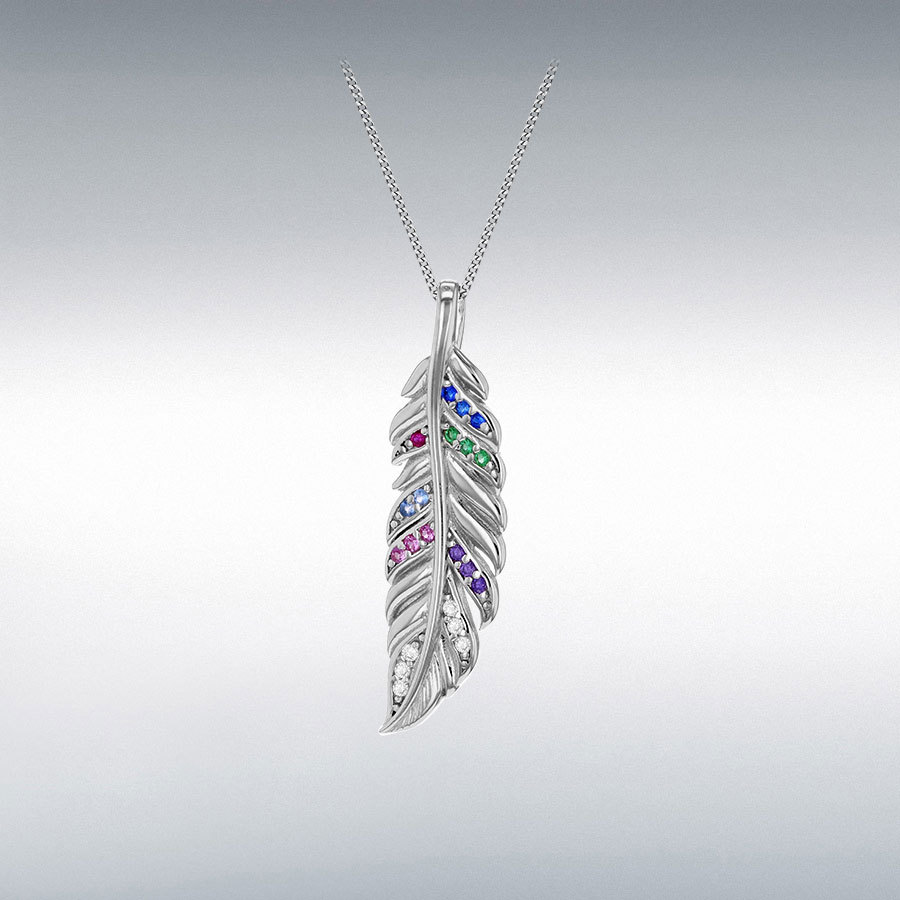 Sterling Silver Rhodium Plated Multi Coloured Round CZs Feather Pendant