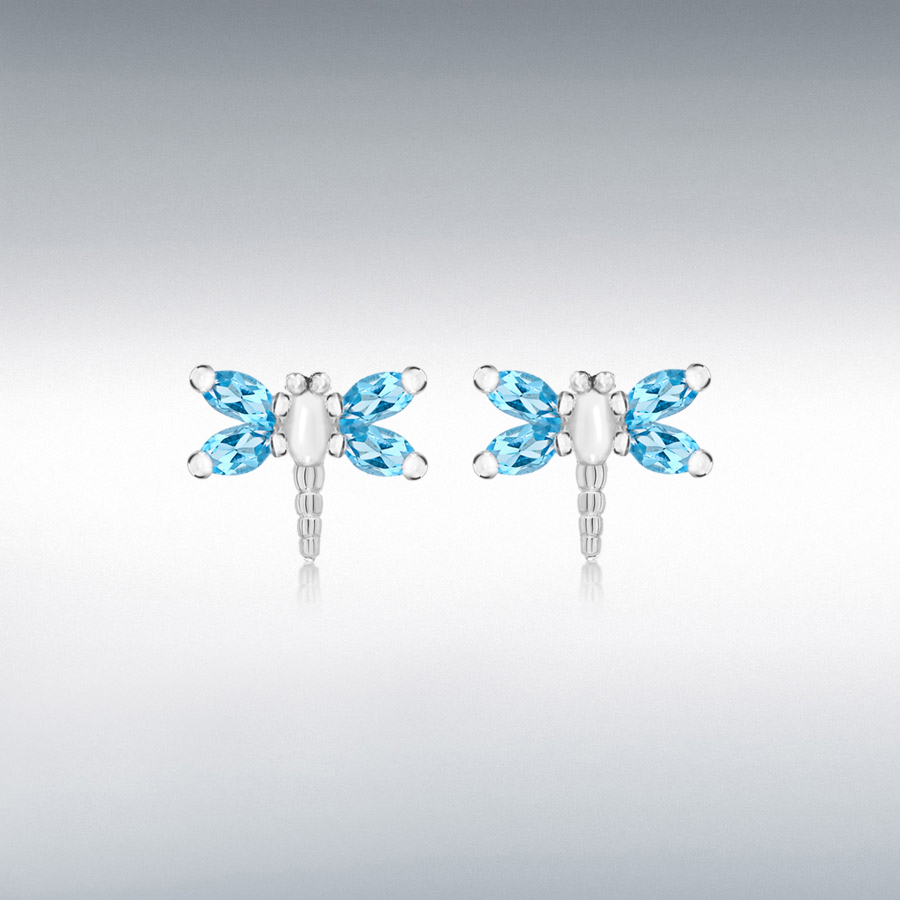 Sterling Silver Blue CZ 11mm x 9.5mm 'Dragonfly' Stud Earrings
