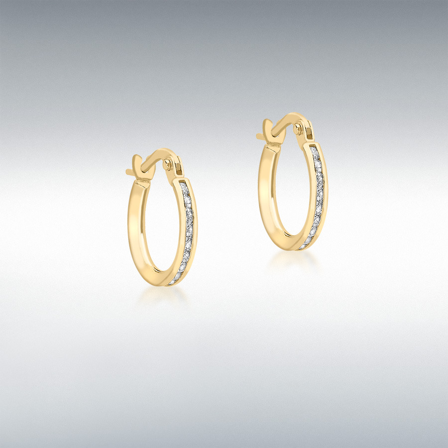 9ct Yellow Gold 50 x 1mm CZ 2mm Band 13mm Hoop Creole Earrings