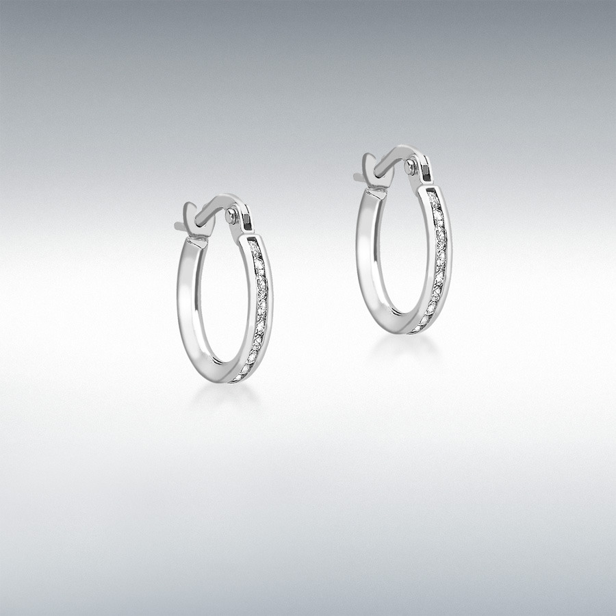 9ct White Gold 50 x 1mm CZ 2mm Band 13mm Hoop Creole Earrings