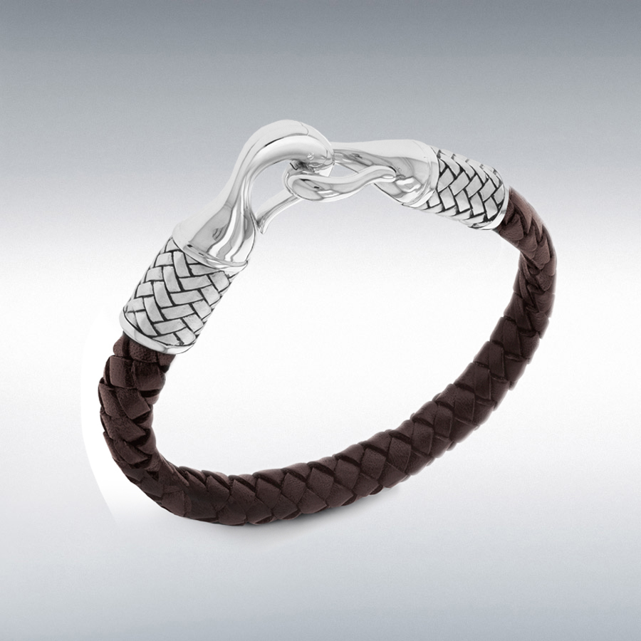 Sterling Silver 6mm Brown Leather Woven Bracelet 21.5cm/8.5"