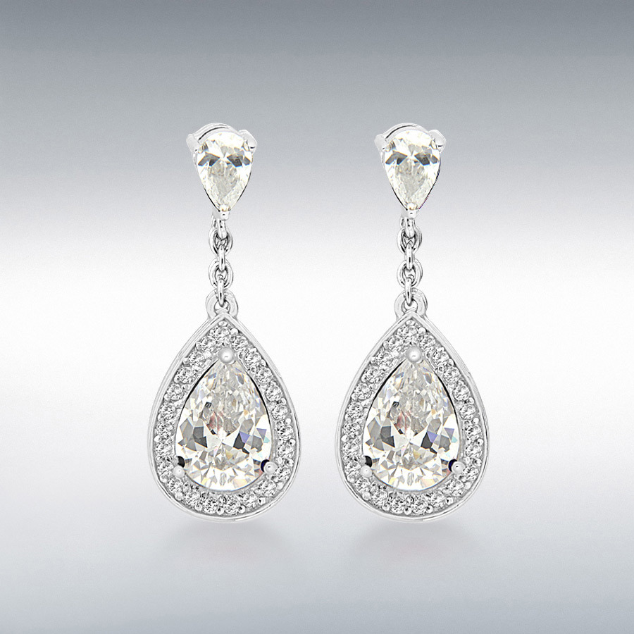 Sterling Silver CZ 11mm x 29mm Teardrop Earrings