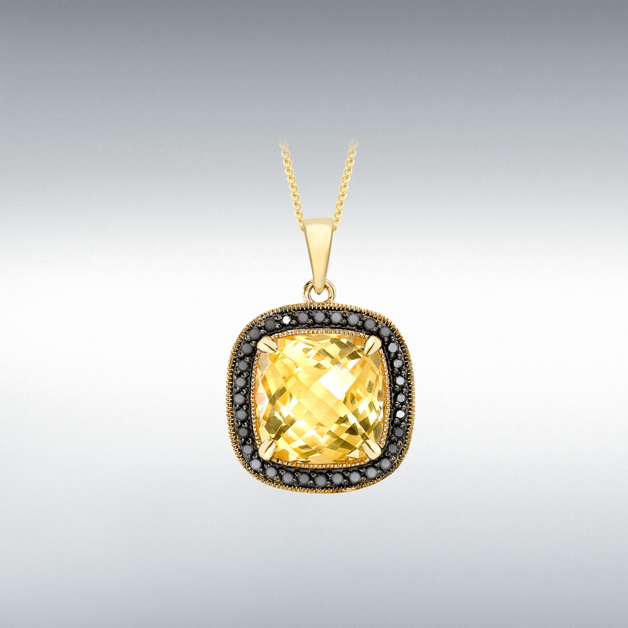 9ct Yellow Gold 0.14ct Black Diamond and Cushion Cut Citrine 13mm x 13mm Pendant