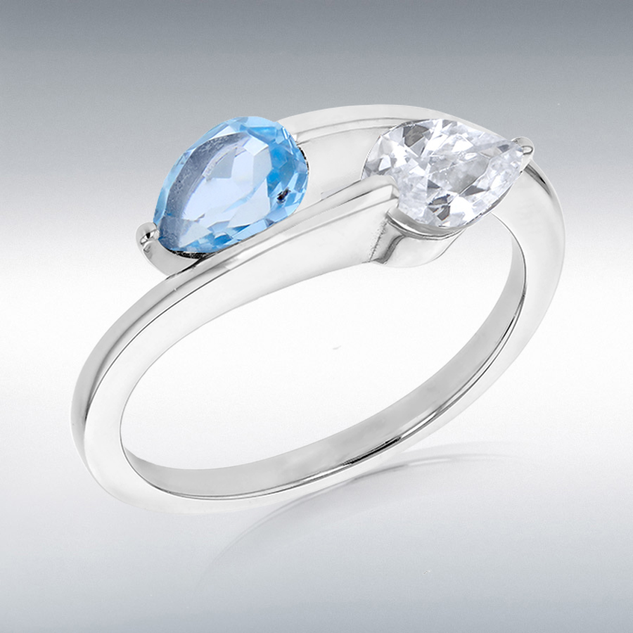 Sterling Silver Rhodium Plated White and Blue Topaz Wrap-Around Ring