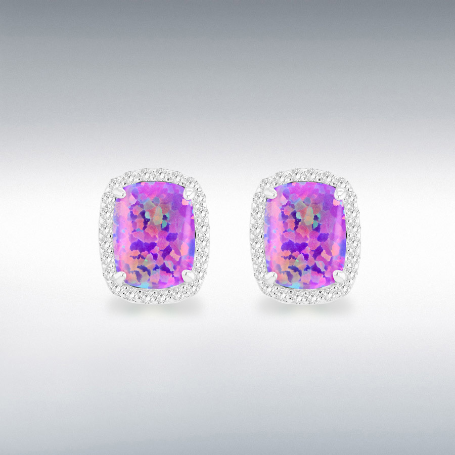 Sterling Silver Rhodium Plated Rectangle Synthetic Purple Opal and White CZ 8.5mm x 10mm Halo Stud Earrings