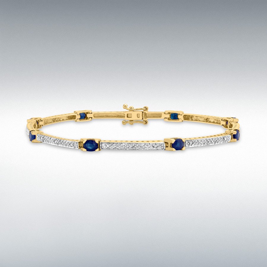 9ct Yellow Gold 0.12ct Diamond and Sapphire Bar Link Bracelet 19cm/7.5"