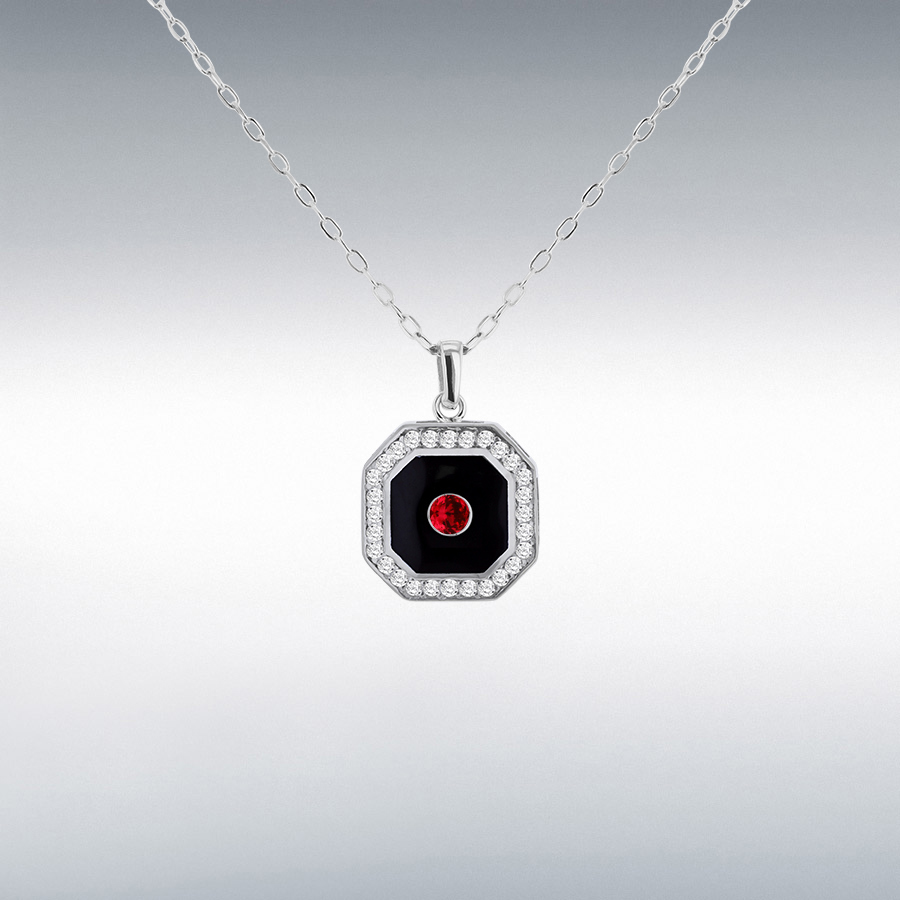 9CT WHITE GOLD BLACK ENAMEL WITH RUBY AND DIAMONDS OCTAGON NECKLACE