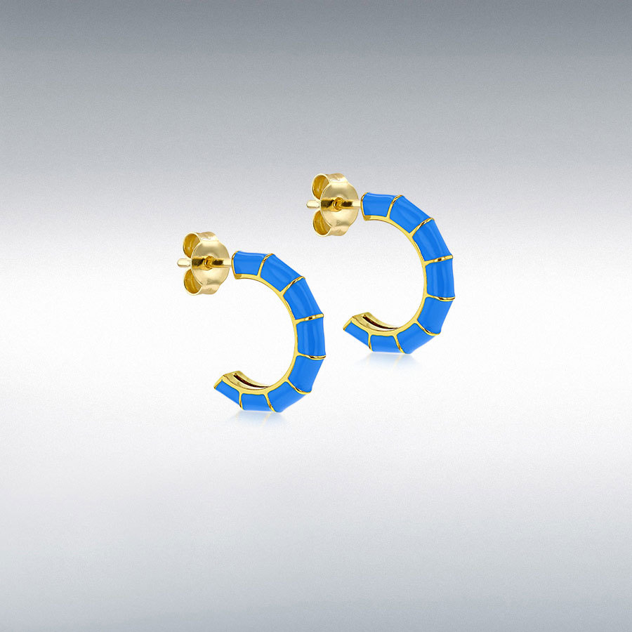 Sterling Silver Yellow Gold Plated 3mm x 16.5mm Blue Enamel Half-Hoop Stud Earrings