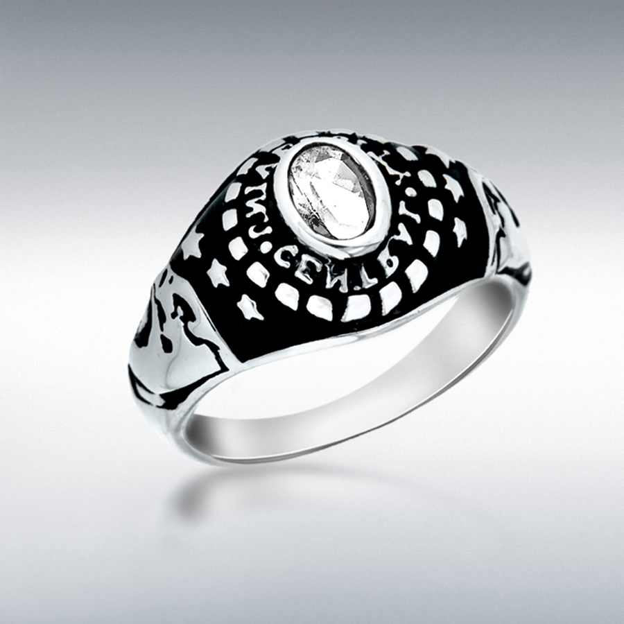Sterling Silver Oxidised White CZ 12mm Central University Ring