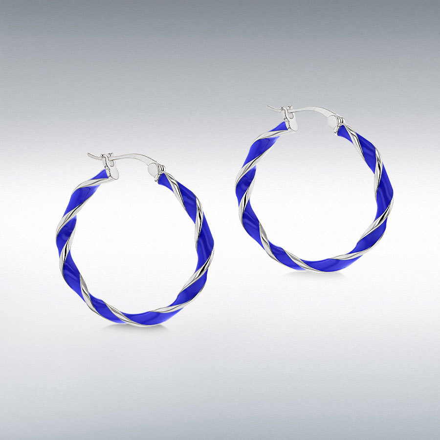 Sterling Silver Rhodium Plated 31mm Blue Enamel Large Twister Hoop Creole Earrings