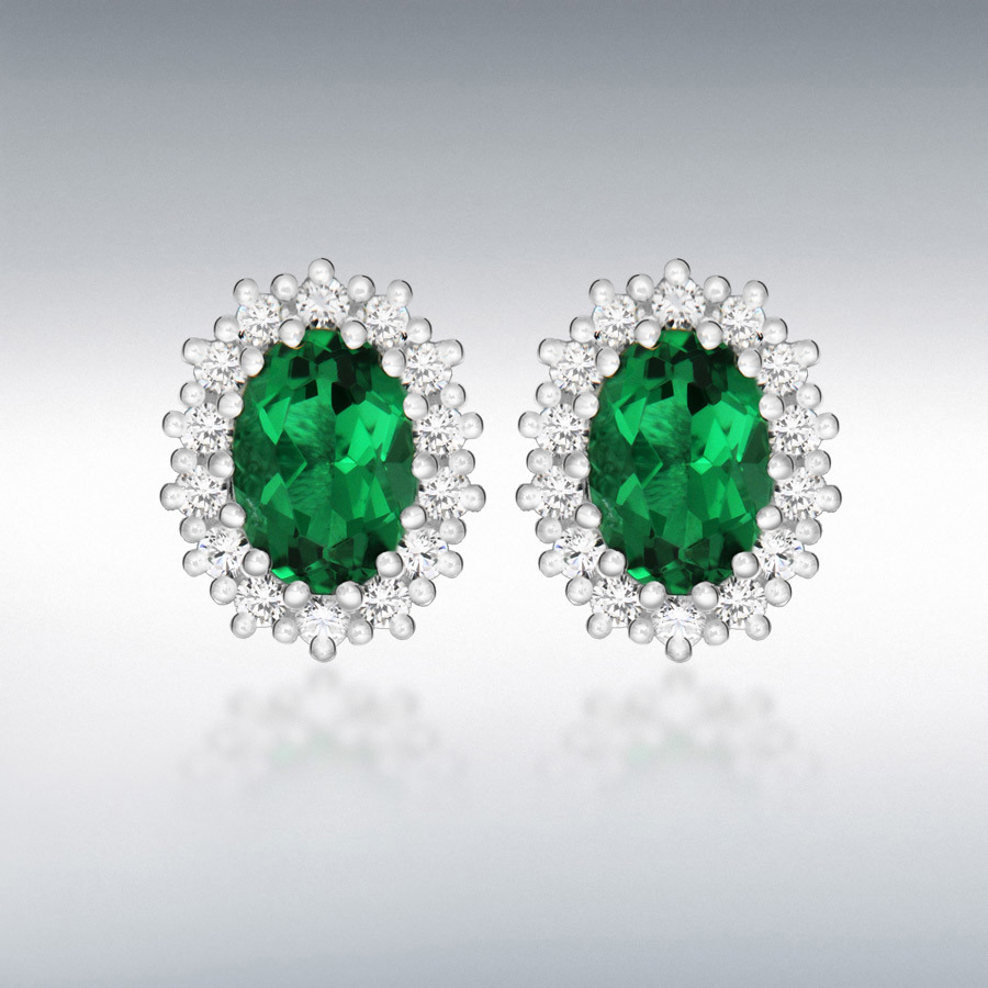 Sterling Silver White CZ and Green Glass 7mm x 9mm Cluster Oval Stud Earrings