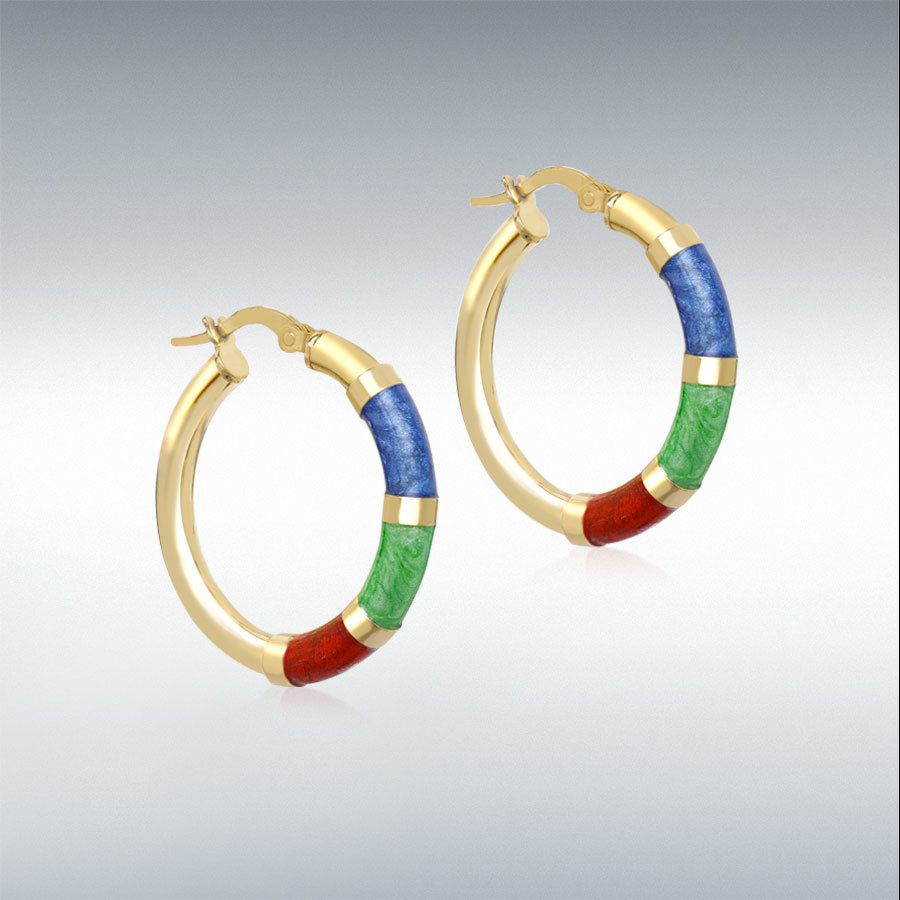 9ct Gold 26.5mm Blue, Green and Red Enamel Polished-Tube Hoop Creole Earrings